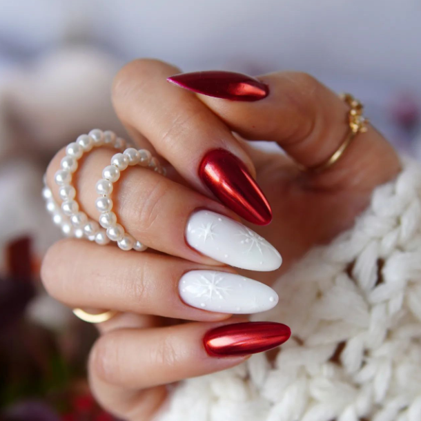 red with white snowflake nail art