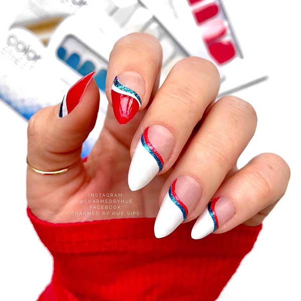 sophisticated red white and blue nails
