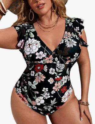 MakeMeChic Women's Plus Size One Piece Swimsuit Floral Deep V Neck Ruffle Bathing Suit