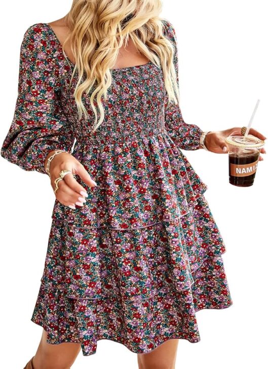 Square Neck Smocked Long Sleeve Floral Mini Babydoll Dress