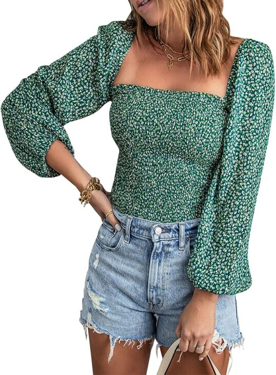 Square Neck Floral Boho Smocked Blouses