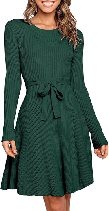 Crewneck Long Sleeve Tie Waist A-Line Bodycon Short Dress