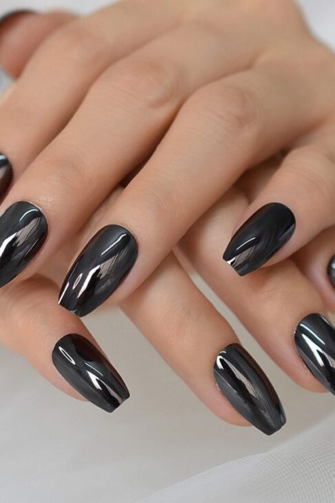 dark black metallic nails