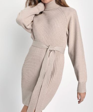 Cozy Circumstance Beige Ribbed Knit Turtleneck Mini Dress
