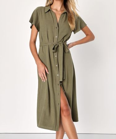 Italian Summer Olive Green Linen Button-Up Short Sleeve Dress