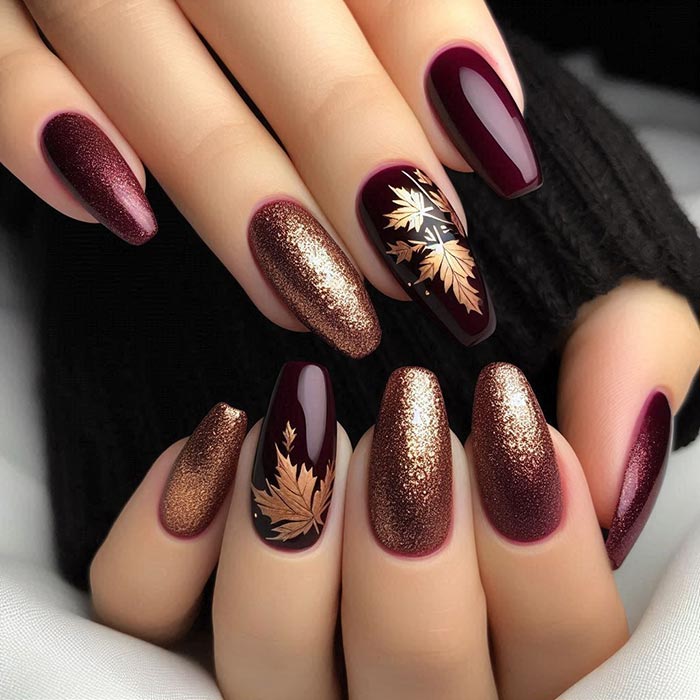 burgundy and gold nails