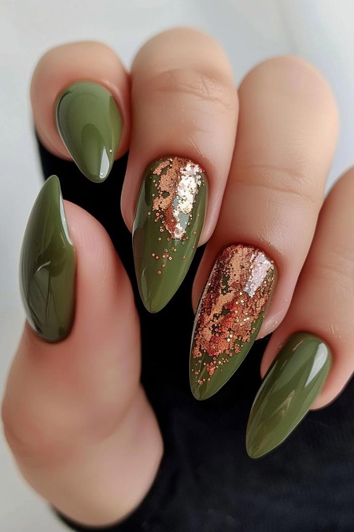 olive green and gold nails