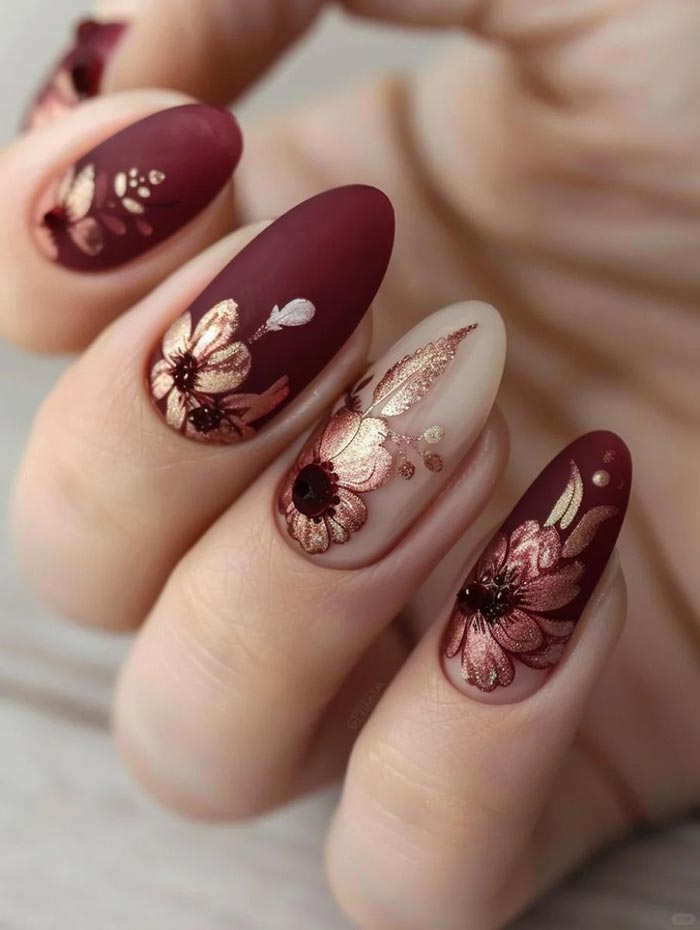 plum floral nail art