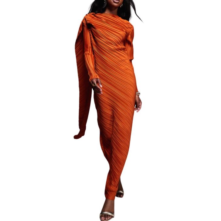ASOS DESIGN plisse long sleeve drape detail maxi dress in burnt orange