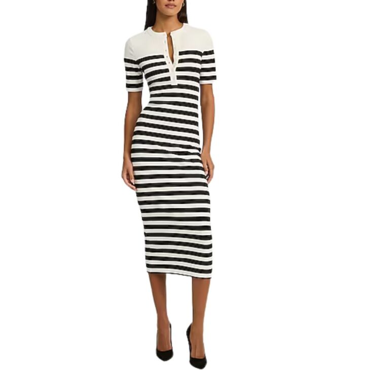 Ribbed Striped Crew Neck Henley Elbow Sleeve Midi dress