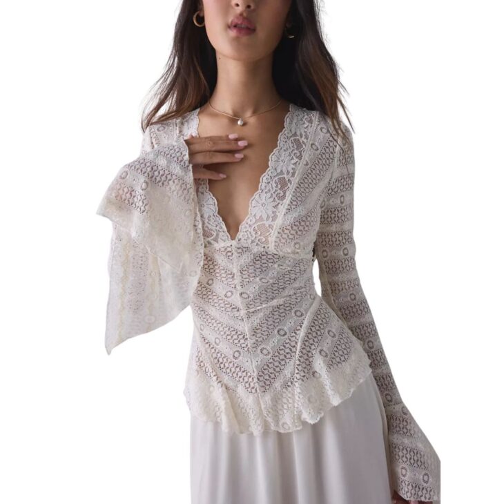 Urban Outfitters (US and RoW) Kimchi Blue Irene Sheer Lace Ruffle Bell Sleeve Top